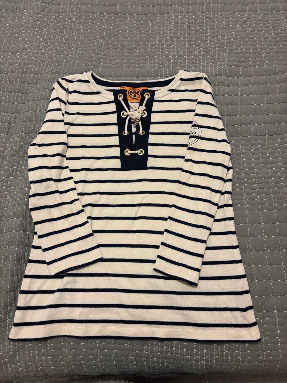 Tory Burch White & Navy Striped Lace-Up Long Sleeve Top